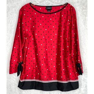 Liz Claiborne Medium 3/4 Sleeve Red Black Polka Dot White Heart Top Silky